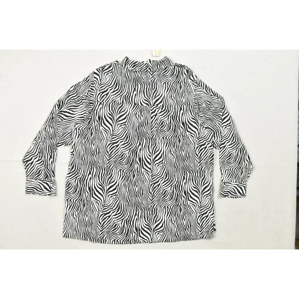 Michael Kors Women's 2X Zebra Print Linen Viscose Button Up Blouse Long Sleeve B